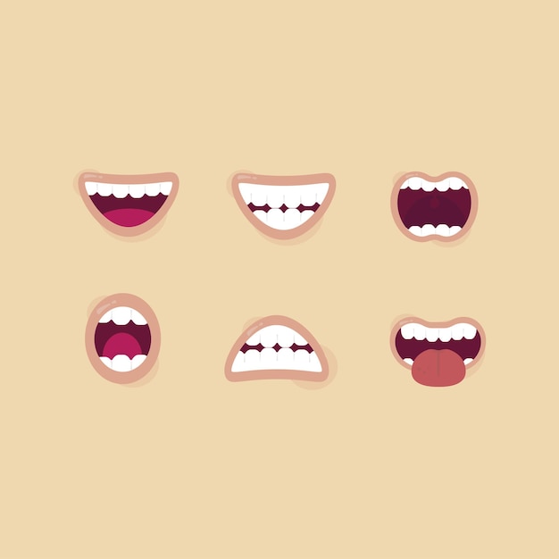 Xabundle set of cartoon vectors with various expressions or gestures of the human mouth and teeth suitable for illustration and animation