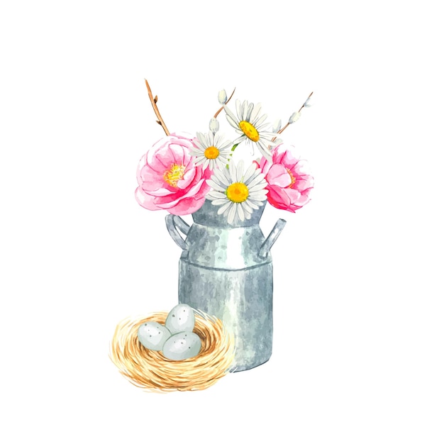 XAEaster compositieHandgetekende aquarel illustratie Een boeket bloemen en een vogelnest met eieren