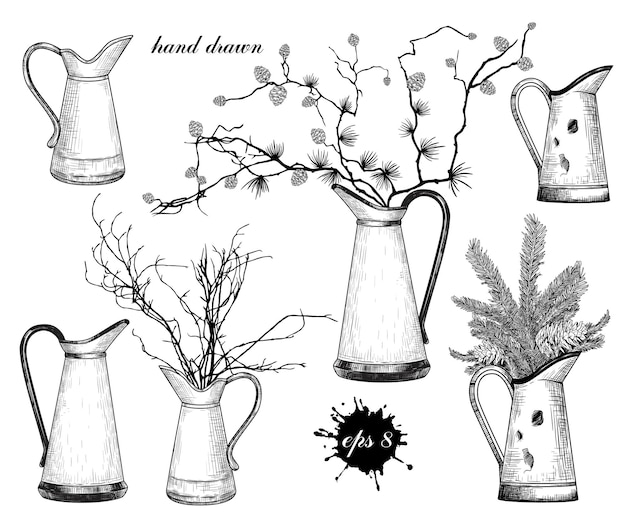 Xarustic pitcher vase vector set di diverse brocche vintage caraffe in stile francese per home decor sketch