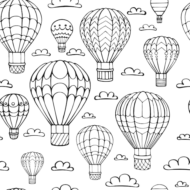 XASeamless pattern hot air balloon and cloud Hand drawn outline doodle Vector illustration