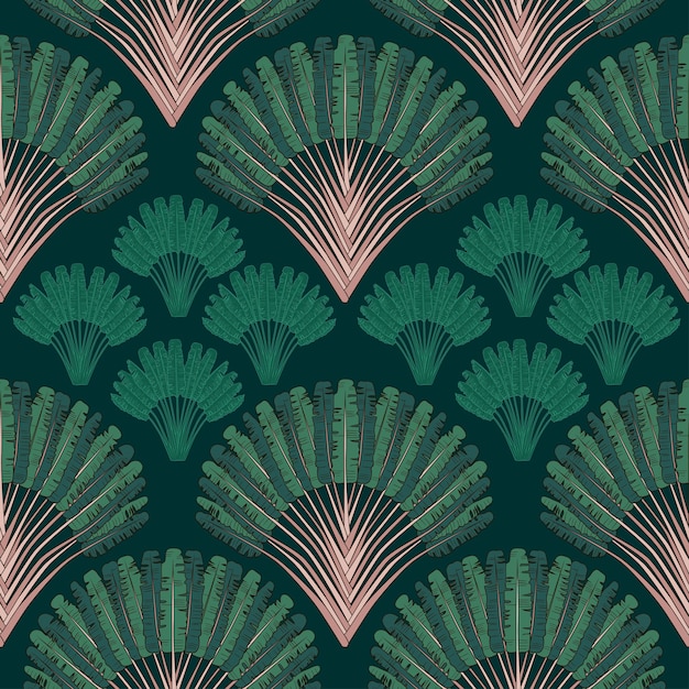 XAxARavenala madagascariensis naadloze patroonVintage textuur met ventilator gebladerte op een donkere achtergrond Hand getekende vectorillustratie met een exotische gigantische palmboom