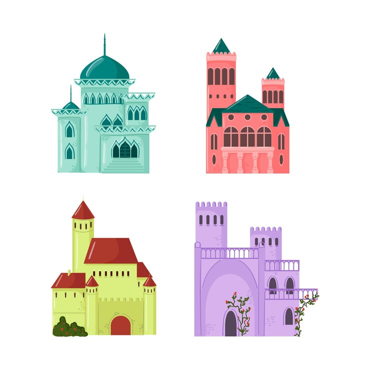 Vector xaxaset of fairytale castles for princesses