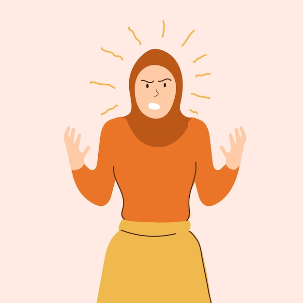 XDxAAnnoyed hijab woman in brown sweater and hijab shout loudly expresses rage and hate isolated over yellow background People islam religious concept