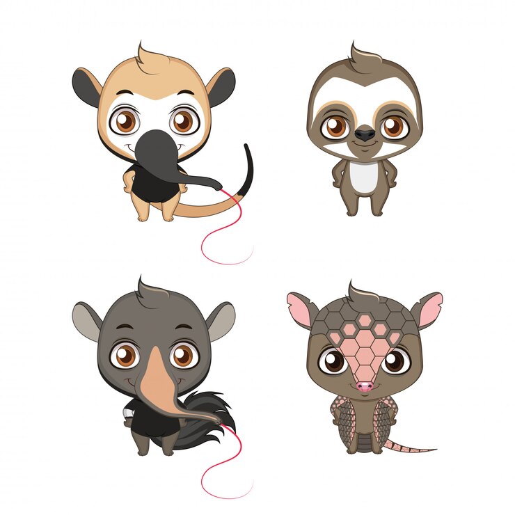 वेक्टर xenarthra family set (anteater, sloth, tamandua, armadillo)