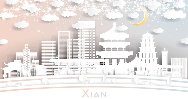 Горизонт китайского города сиань в стиле вырезки из бумаги с белыми зданиями, луной и неоновой гирляндой