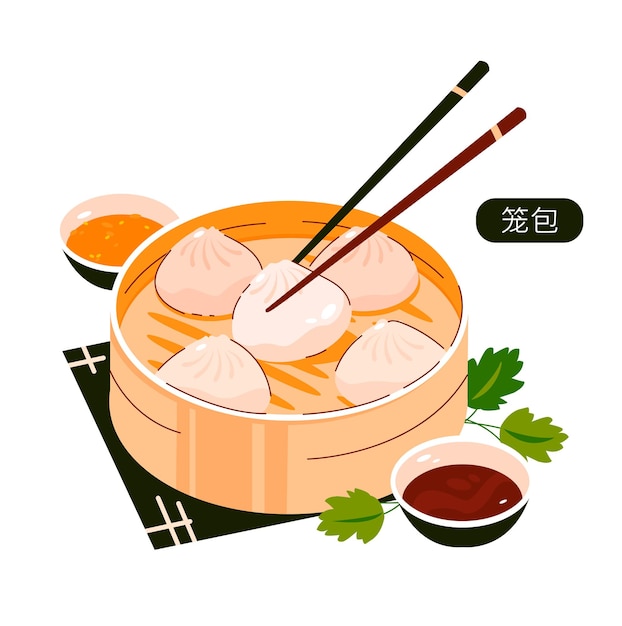 Xiao long bao, small chinese buns steamed in a bamboo basket. Vector illustration