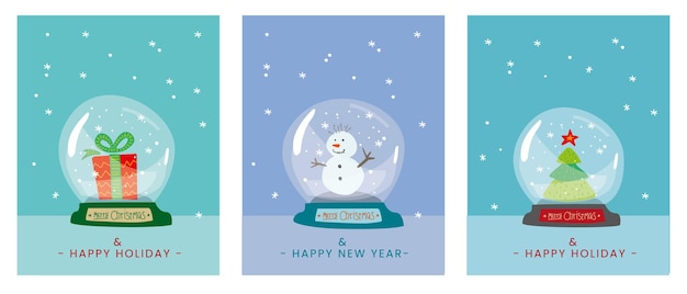 Xmas ansichtkaart set met kerstbal merry christmas poster met sneeuwbol nieuwjaarswenskaart
