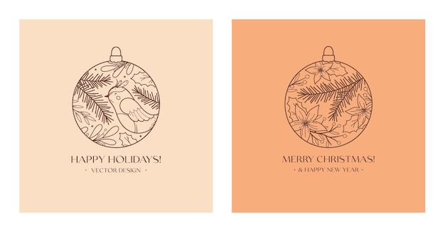 Xmas baubles linear illustrations with dovefloral elementsfir branchberries