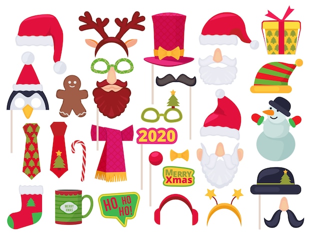 Vector xmas booth. holidays funny characters costumes and hats for photo session party masked santa snowman elf vector