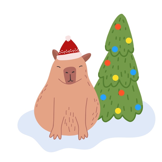 Vector xmas capybara funny character in flat design cute capybara with christmas tree