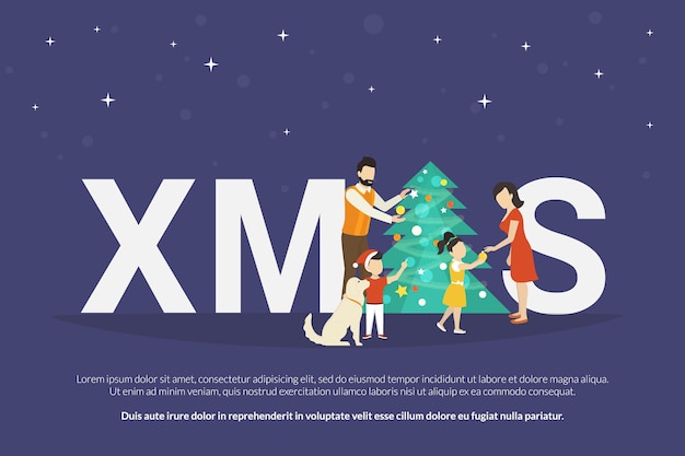 Xmas concept illustration of happy family with kids decorating a christmas tree and giving gifts from each other. Family preparation to holiday. Happy mother, father and children going to celebrate