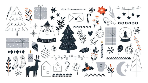 Xmas doodle decoratieve winterelementen Gebladerte en slingers kersttakken en gebladerte Decoratieve pittige geschenken en fir tree vectorcollectie van ornament xmas doodle illustratie