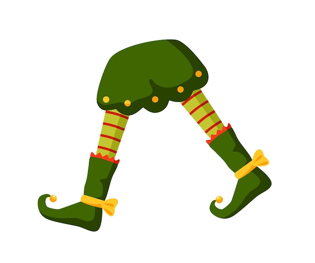 Xmas elf benen platte vectorillustratie. Kleine helper van de kerstman, grappig onderdeel van de middeleeuwse nar. Gestreepte kousen, broeken en schoenen met klokken zijaanzicht. Feestelijke outfit item geïsoleerd op wit.