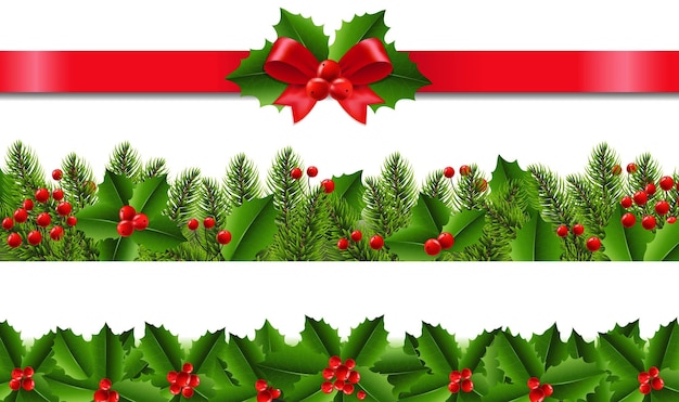 Xmas Garland With Holly Berry And White background