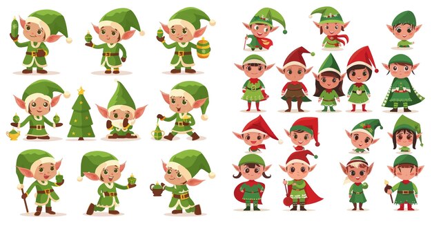 Vector xmas little green fantasy assistant winter 2019 vector isolated icons set