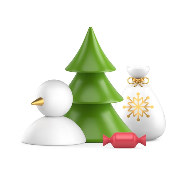 Xmas minimalist composition green christmas tree snowman sack full of gifts realistic 3d icon vector