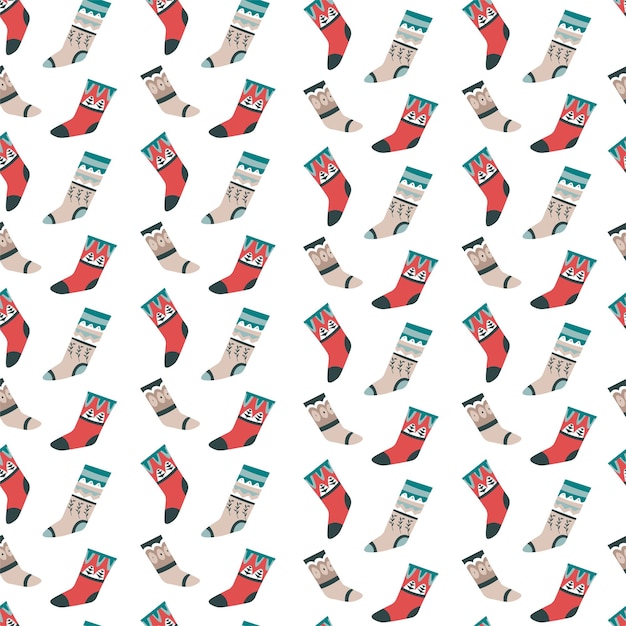 Vector xmas and new year celebration, knitted socks with ornaments, woolen and warm clothes for winter frosts and cold season. christmas seamless pattern, background, or print. vector in flat style