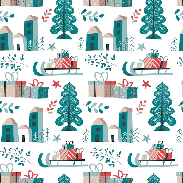 Xmas and new year seamless pattern with trees