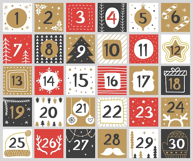 Numeri di natale. gioia divertente lettering forme rotonde geometriche concetto festivo numeri di calendario vettore recente per cartelloni di celebrazione. calendario dei numeri di natale dicembre, conto alla rovescia per l'illustrazione delle vacanze