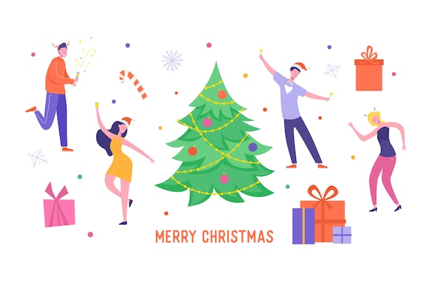 Xmas party card or invitation poster. people characters dancing, celebrating merry christmas and happy new year night.