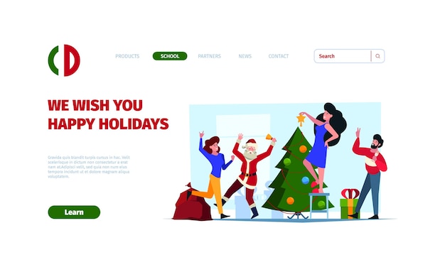 Xmas party landing mensen vieren nieuwjaar gelukkig huis dansers met geschenken opzichtige vector webpagina sjabloon