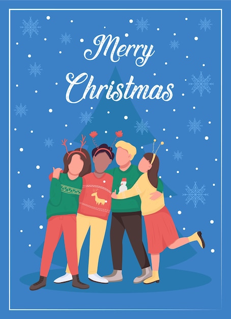 Xmas party with friends greeting card flat template. celebrate winter holiday in group. brochure, booklet one page concept design with cartoon characters. merry christmas flyer, leaflet