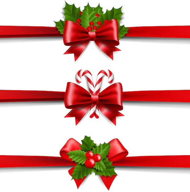 Vector xmas ribbons bow and holly berry set white background
