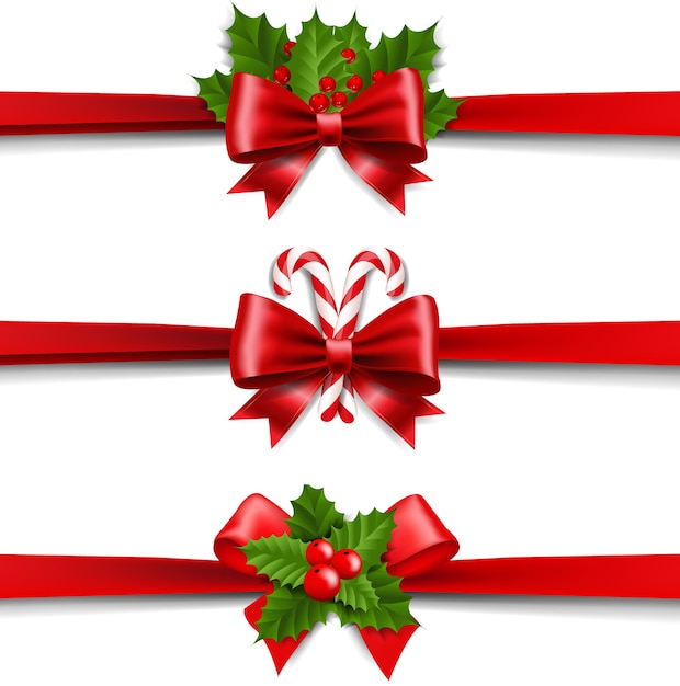 Xmas ribbons bow e holly berry set sfondo bianco