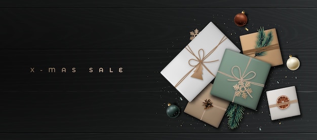 Vector xmas sale banner with realistic gift boxes in craft paper