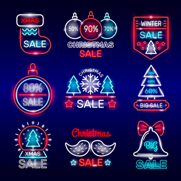 Distintivi al neon per vendite natalizie raccolta di logotipi promozionali pubblicitari per il nuovo anno raccolta di modelli vettoriali recenti