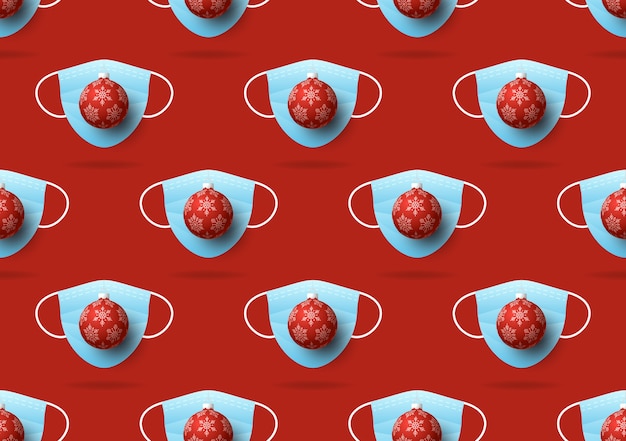 Xmas seamless pattern di maschere per il viso mediche e palla di natale