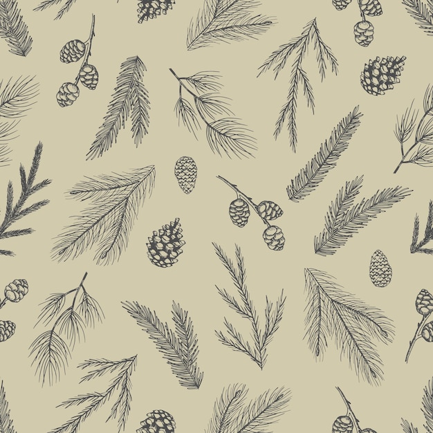 Vector xmas seamless pattern with christmas tree decorations, pine branches hand drawn art design vector illustration.