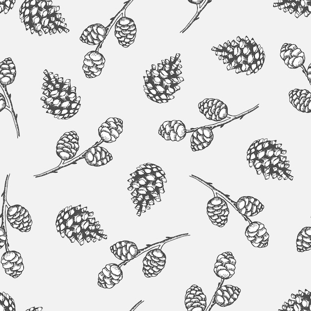 Xmas seamless pattern with christmas tree decorations, pine branches hand drawn art