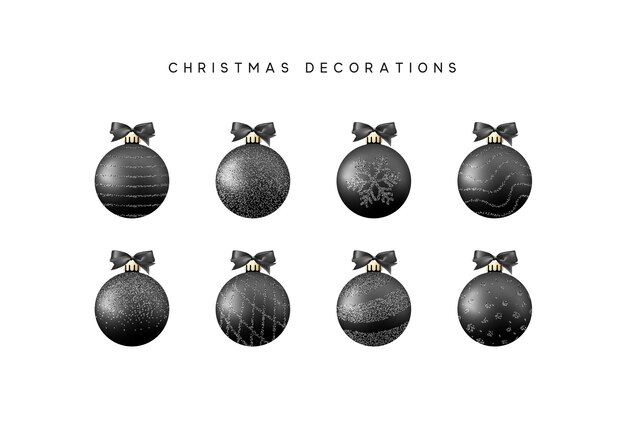 Xmas set balls black color. Christmas bauble decoration elements. Vector illustration