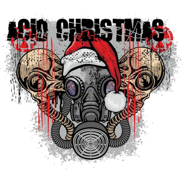 가스 마스크, 그런 지 빈티지 디자인 티셔츠와 두개골과 크리스마스 기호