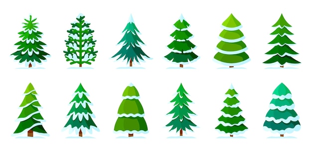 Xmas tree snow winter forest green cartoon set Christmas season landscape festive different shape evergreen Flat style object greeting card sticker holiday collage new year decorative isolated white