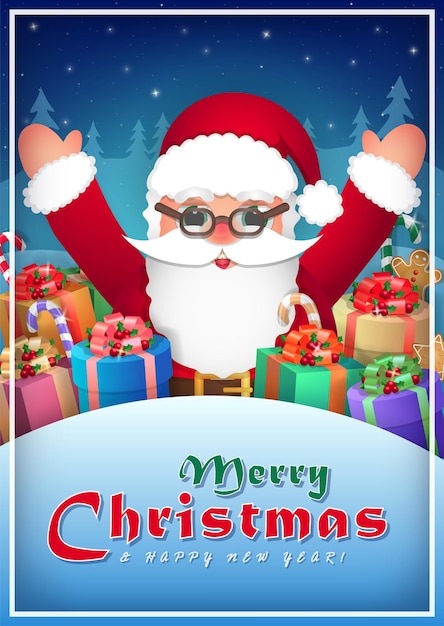 xmas vintage greeting card. cheerful santa claus in the middle of gifts with his hands up