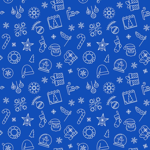 Xmas and Winter Holidays concept vector blue line Seamless Pattern