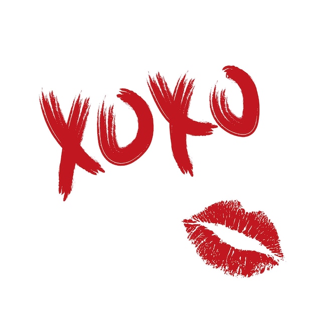 Vector xoxo hugs and kisses lettering brush and lipstick kiss on isolated on white background