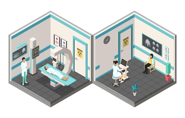 Xray machine and mri scanner for scanning human body doctor checking examining chest xray film of patient roentgen of chest bone medical examination for surgery isometric 3d vector illustration