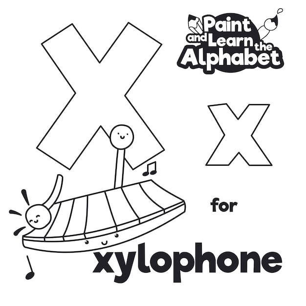 교훈적인 알파벳 학습을 위해 문자 X로 색칠할 음악을 연주하는 실로폰과 트윈 망치