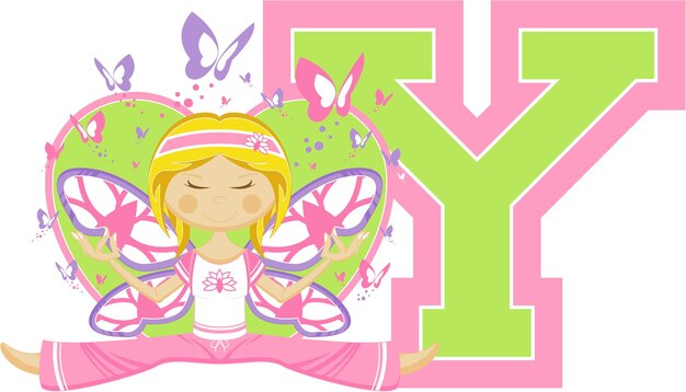 Vector y is for yoga girl with butterflies alphabet learning illustration