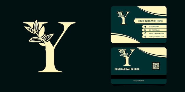 Логотип шрифта буквы Y плоский с векторным логотипом листа и шаблоном визитной карточки.