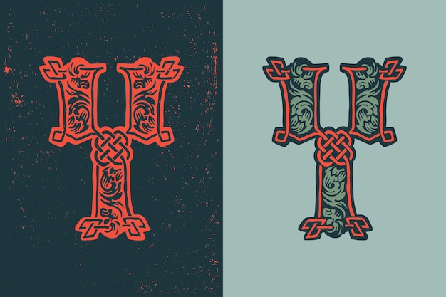 中世のノット ライン スタイルの Y 文字ロゴ 薄暗い色のドロップ キャップ アイコン 刻まれた野蛮なエンブレム