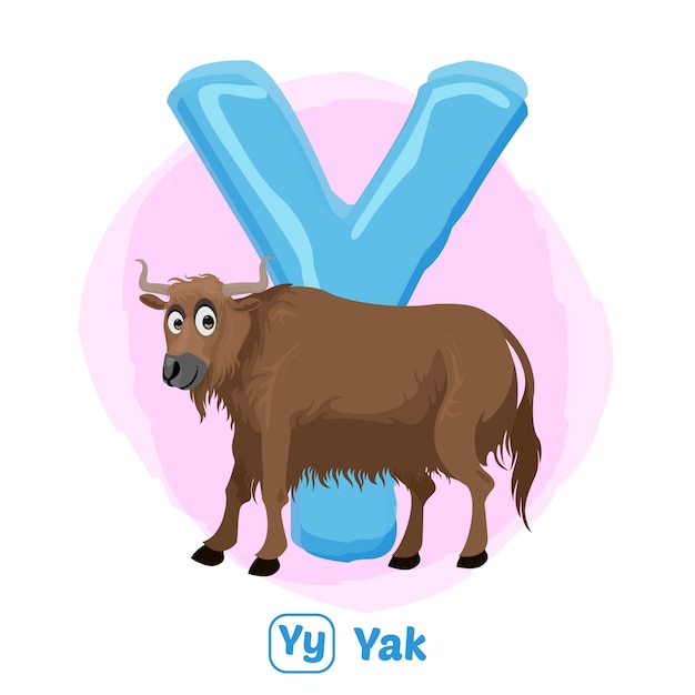Vettore y per yak. stile di disegno dell'illustrazione dell'alfabeto animale per l'istruzione
