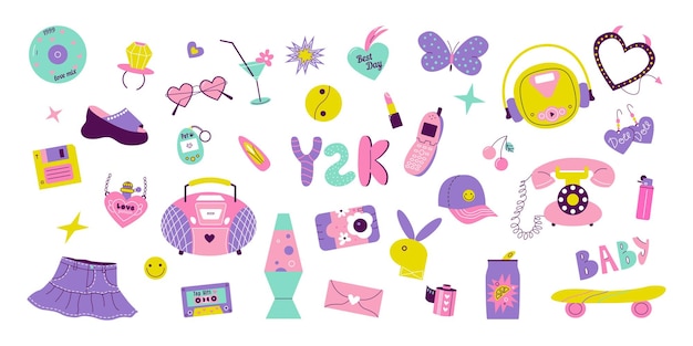 Y2k aesthetic elements set on white background. 90s 2000s style glamour girly collection. Cartoon