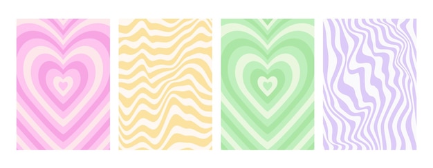 Y2k backgrounds Waves swirl twirl pattern Vector posters with heart lines Twisted distorted texture