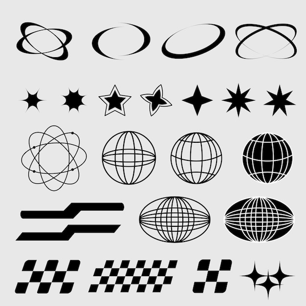 Y2k black element retro star icons globe elements for posters and streetwear fashion design vector set