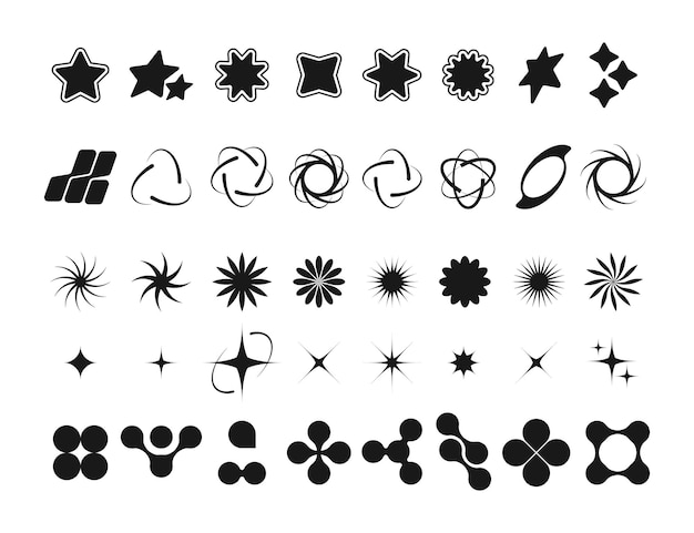 Simboli neri y2k elementi geometrici futuristici retrò anni '70 anni '80 simboli decorativi moderni globo stella freccia pianeta vettore isolato insieme
