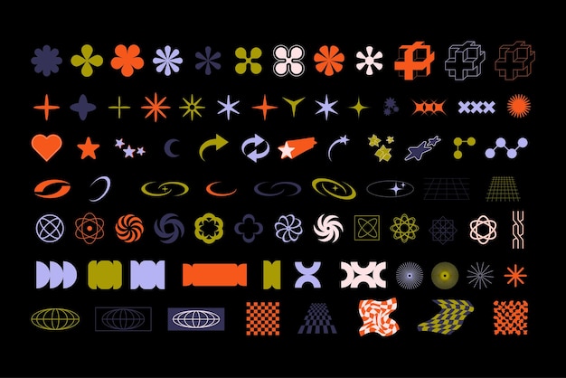 Vector y2k collections of elements and shapes retro futuristic graphic set